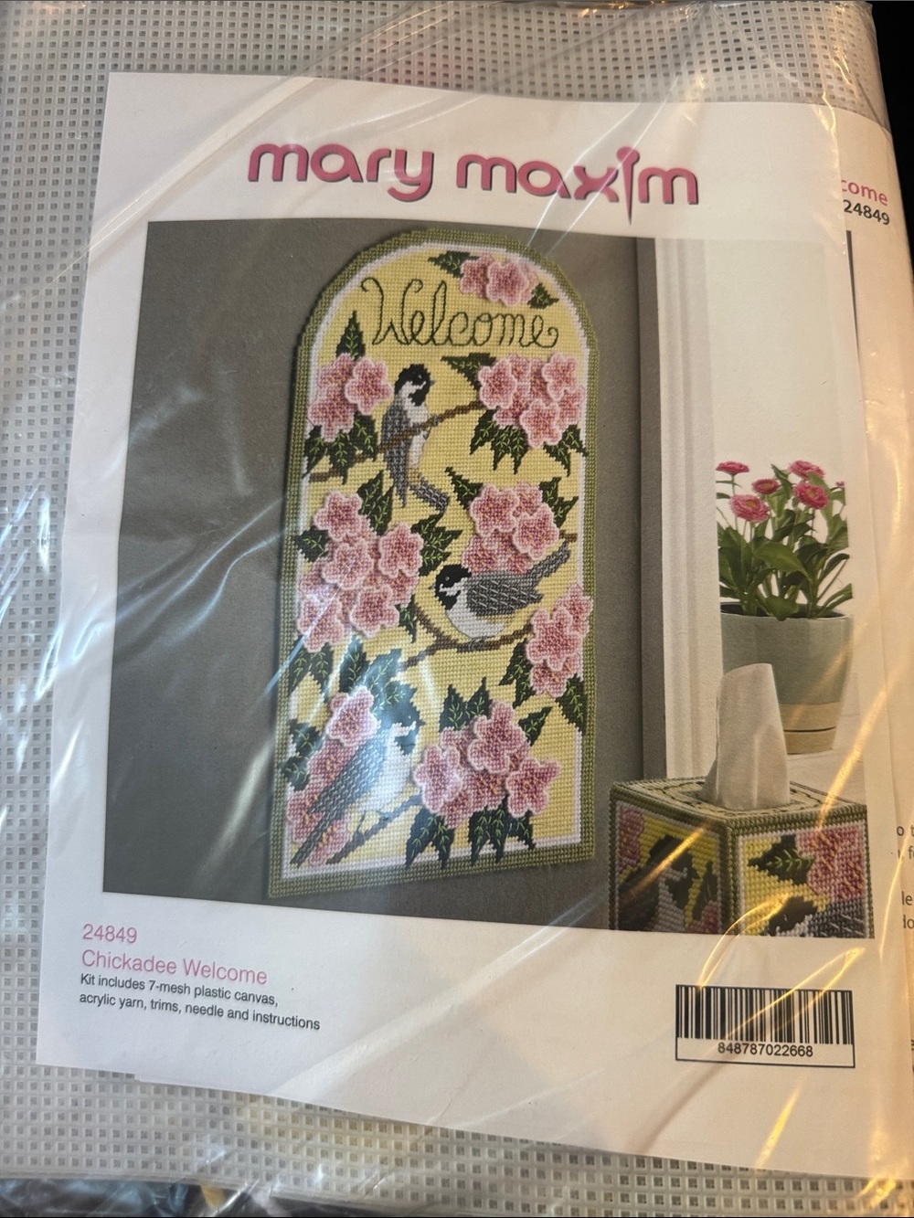 Chickadee Welcome Wall Hanging needle point kit - Yellow and Pink